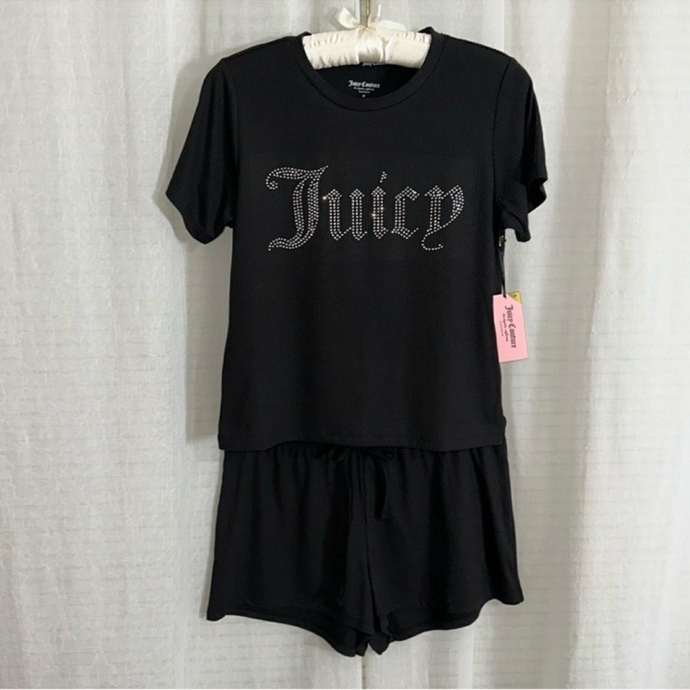 Juicy Couture M Black Beaded Ribbed Knit Short Sleeve Top & Shorts PJ Set